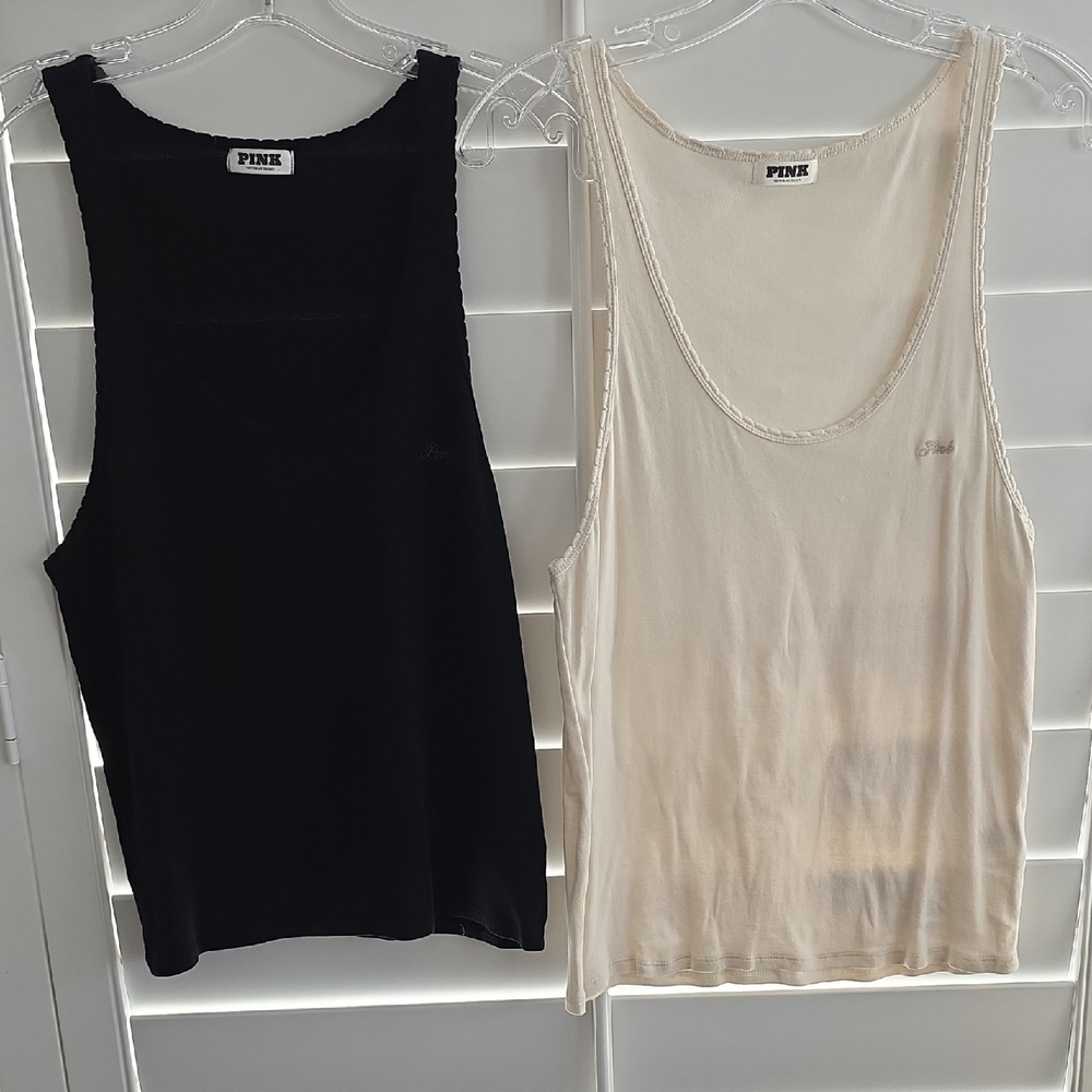 PINK Victoria's Secret Women's Black and Cream Tank Tops